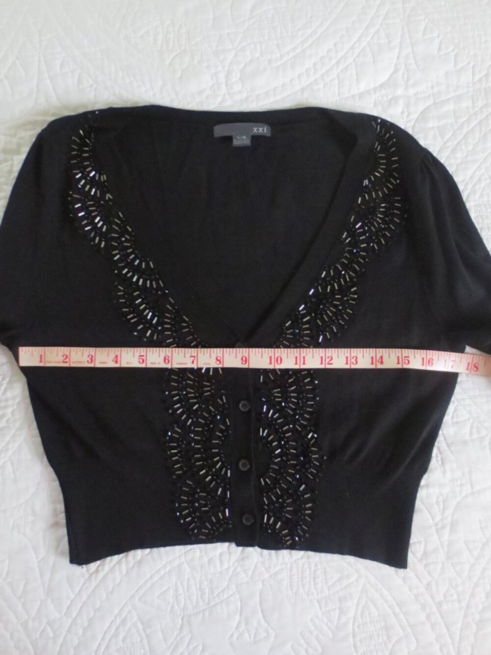 Vintage Forever 21 Black Button Front Beaded 3/4 Sleeve Cropped Cardigan - Picture 5 of 6